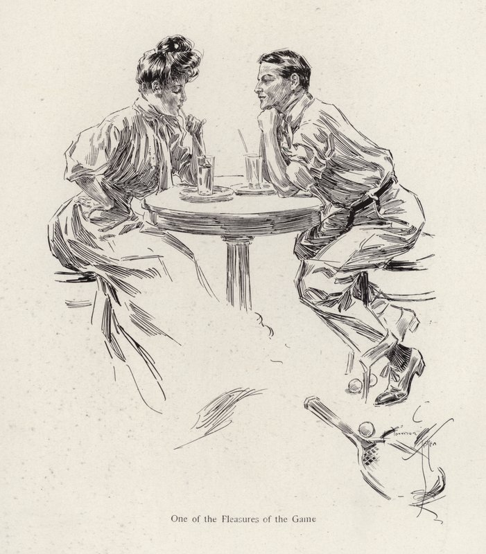 Pár popíjející po tenisovém zápase (color litho) od Harrison Fisher