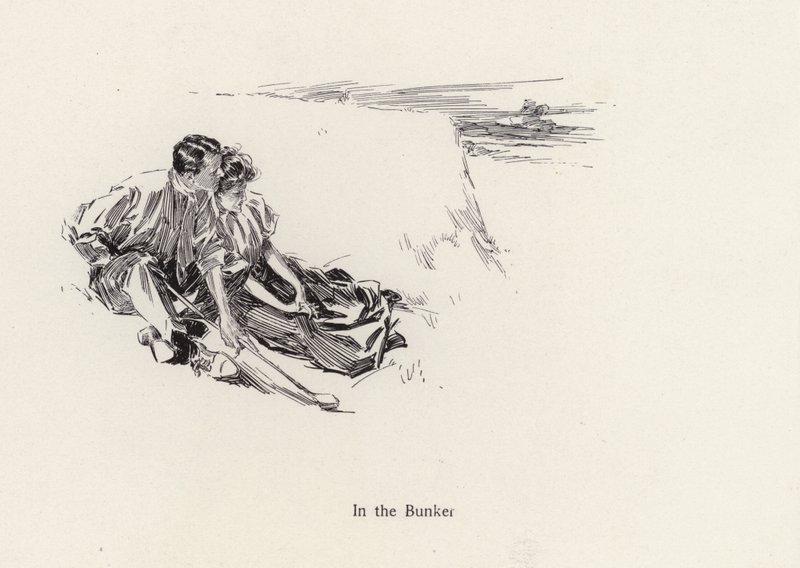 Pár v romantickém objetí v bunkru na golfovém hřišti (litho) od Harrison Fisher