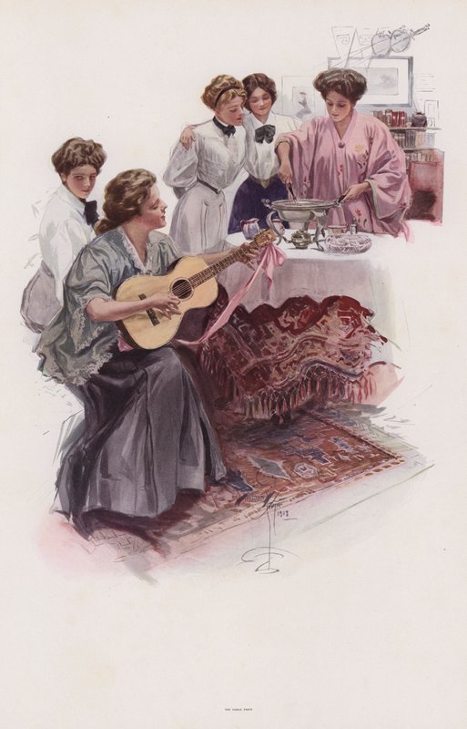 Skupina mladých žen vyrábějících fondán (barva litho) od Harrison Fisher