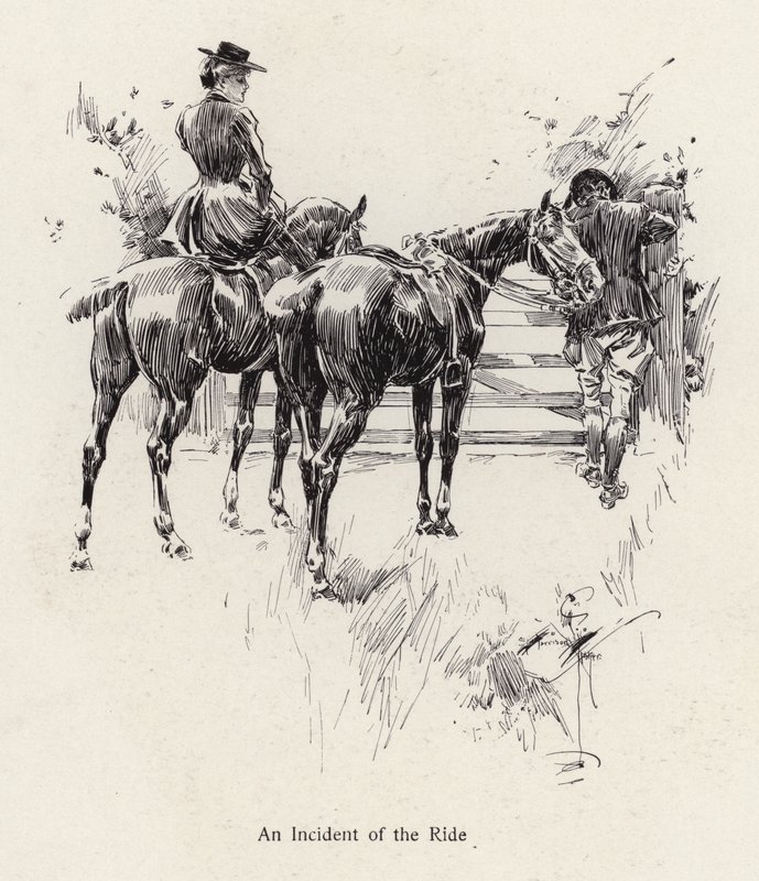 Jezdci na koních se zastavili, aby otevřeli bránu (litho) od Harrison Fisher