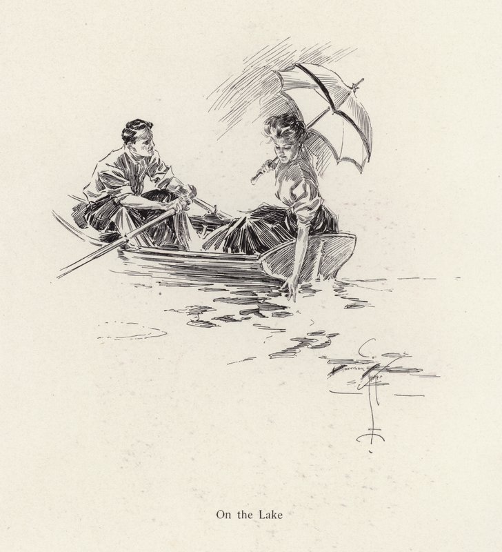 Muž a žena ve veslici na jezeře (litho) od Harrison Fisher