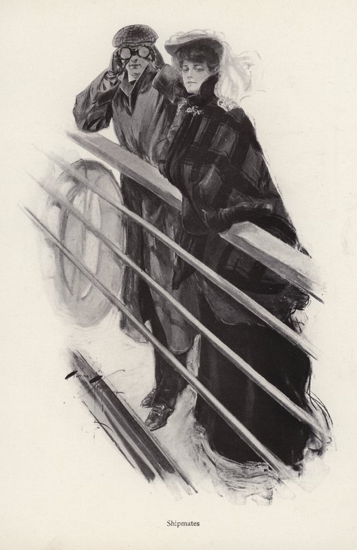 Muž a žena hledí přes zábradlí lodi (litho) od Harrison Fisher