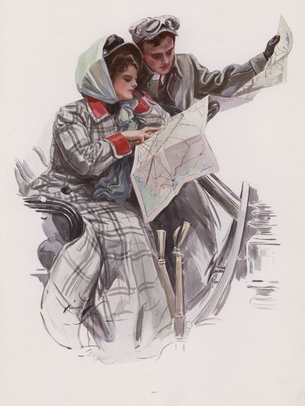 Muž a žena čtoucí mapu v autě (barva litho) od Harrison Fisher