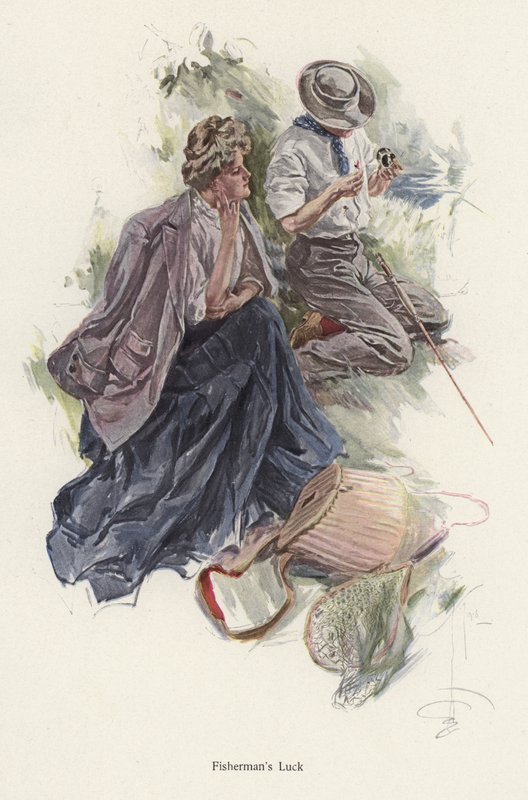 Muž rybaří na břehu řeky, zatímco žena se dívá (barva litho) od Harrison Fisher