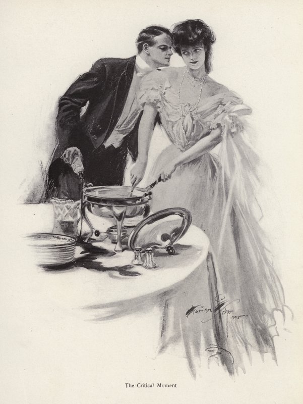Muž flirtuje se ženou nad jídelním stolem (litho) od Harrison Fisher