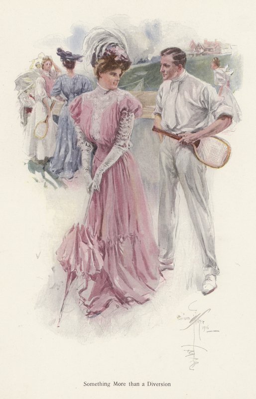 Muž přerušuje tenisovou hru, aby si promluvil s mladou ženou (barva litho) od Harrison Fisher