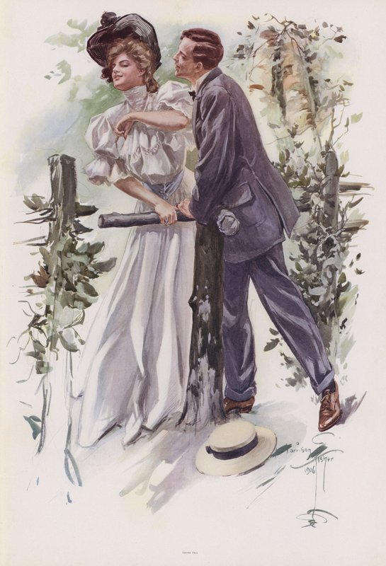 Muž se snaží ukrást polibek mladé ženě (barva litho) od Harrison Fisher