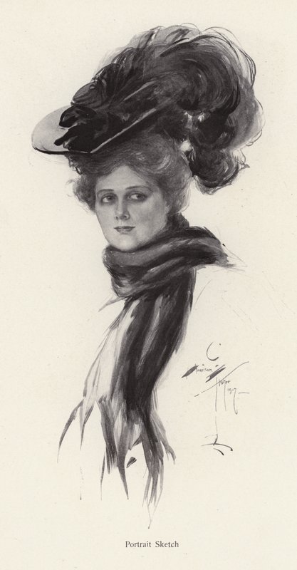 Portrét ženy ve velkém klobouku (litho) od Harrison Fisher