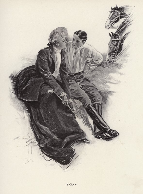 Romantický pár odpočívající během jízdy na koni (litho) od Harrison Fisher