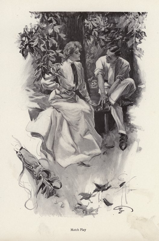 Romantický pár odpočívající od hry golfu (litho) od Harrison Fisher