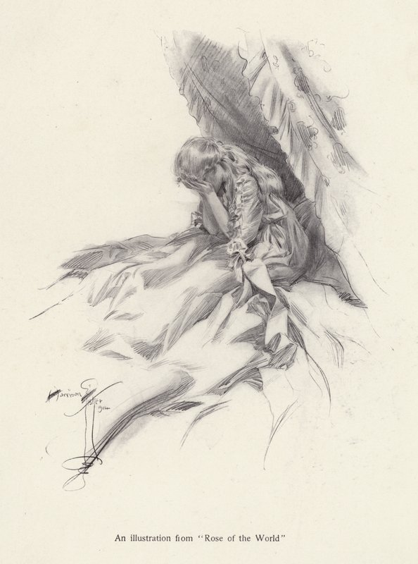 Rosamond English, postava z Rose of the World, román od Egerton Castle (litho) od Harrison Fisher