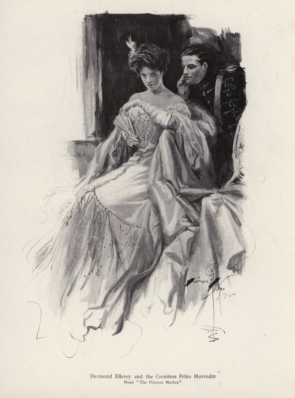 Dvě postavy, Desmond Ellery a hraběnka Frina Mavrodin z románu Princezna Moritza od Percyho Brebnera (litho) od Harrison Fisher