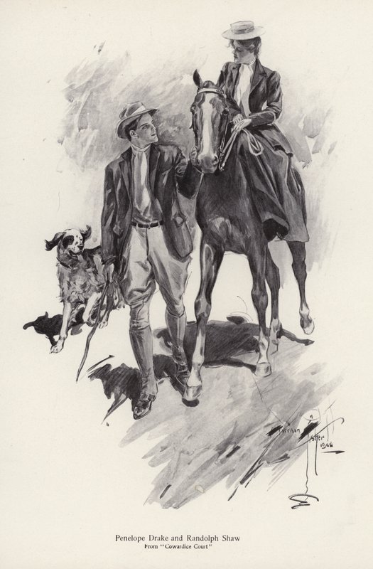 Dvě postavy, Penelope Drake a Randolph Shaw z románu Soud zbabělosti od George Barra McCutcheona (litho) od Harrison Fisher