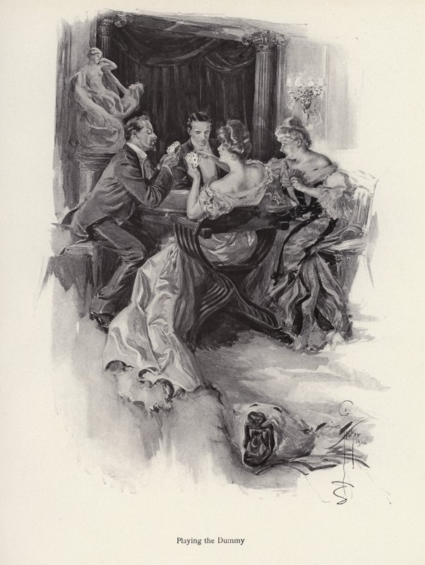 Dva páry hrající karty na večerní párty (litho) od Harrison Fisher