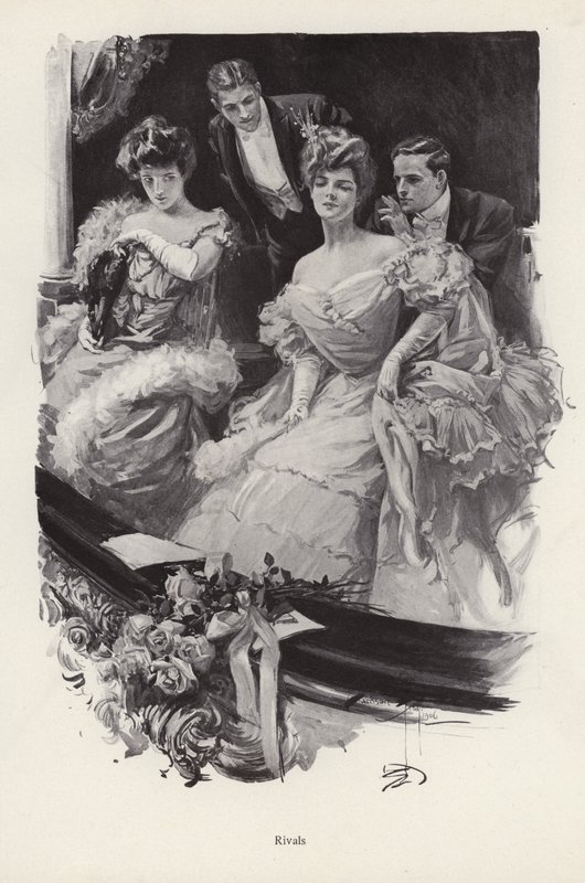 Dvě ženy v lóži v divadle spolu soutěží o mužskou pozornost (litho) od Harrison Fisher