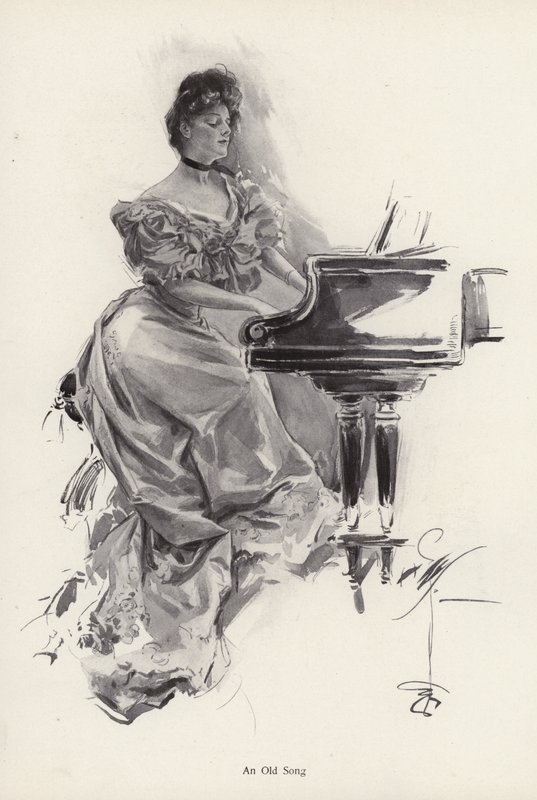 Žena hrající píseň na klavír (litho) od Harrison Fisher
