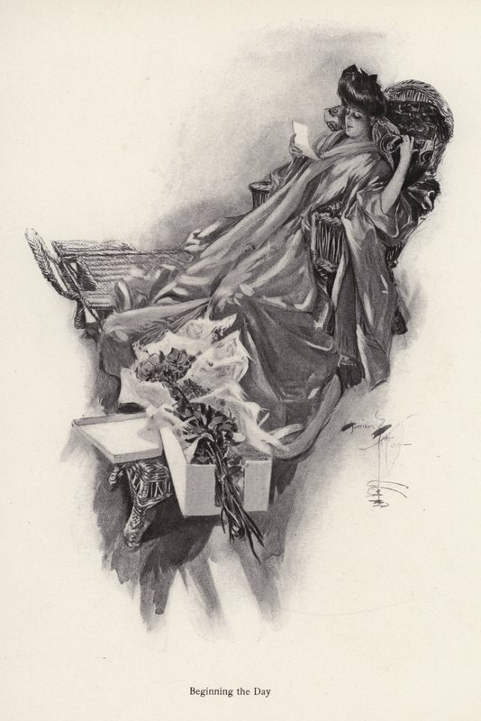 Žena dostává kytici květin od obdivovatele (litho) od Harrison Fisher