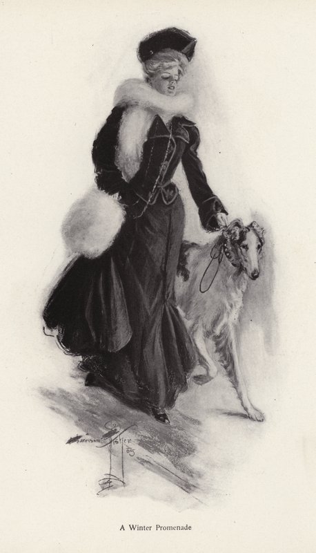 Žena venčí svého drsného psa kolie v zimě (litho) od Harrison Fisher