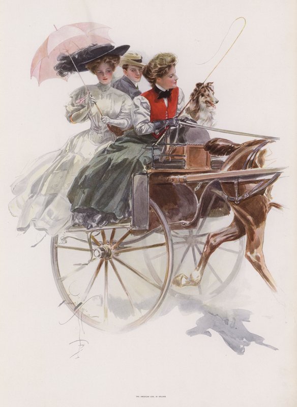 Mladá Američanka jezdící na koncertě nebo podobném koňském povozu v Irsku (barva litho) od Harrison Fisher