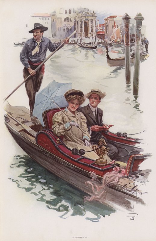Mladá Američanka na projížďce v gondole, Benátky (barva litho) od Harrison Fisher