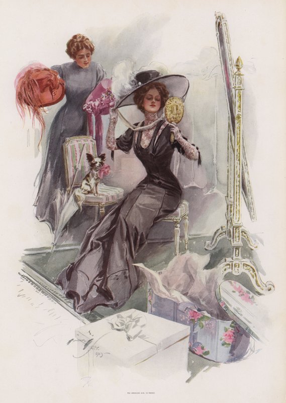 Mladá Američanka si zkouší klobouky ve francouzském kloboučku (barva litho) od Harrison Fisher