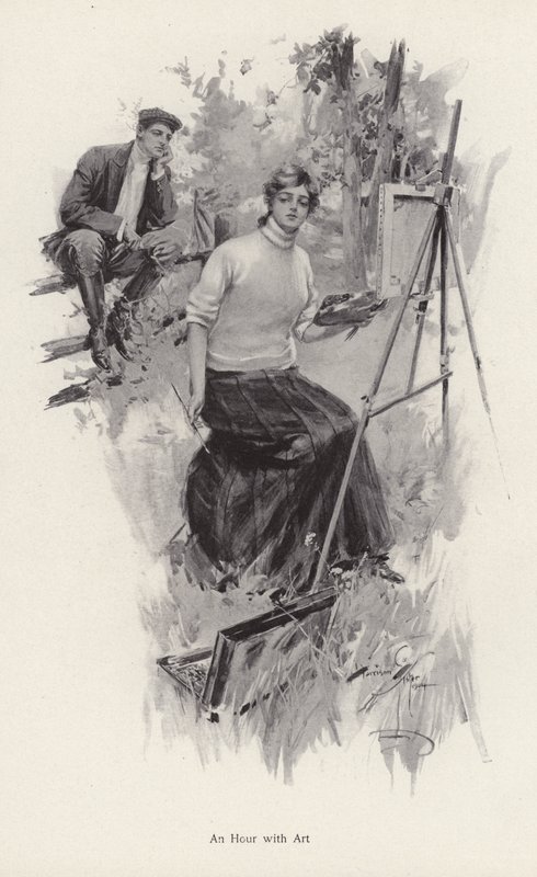 Mladá umělkyně maluje na venkově, zatímco se mladý muž dívá (litho) od Harrison Fisher