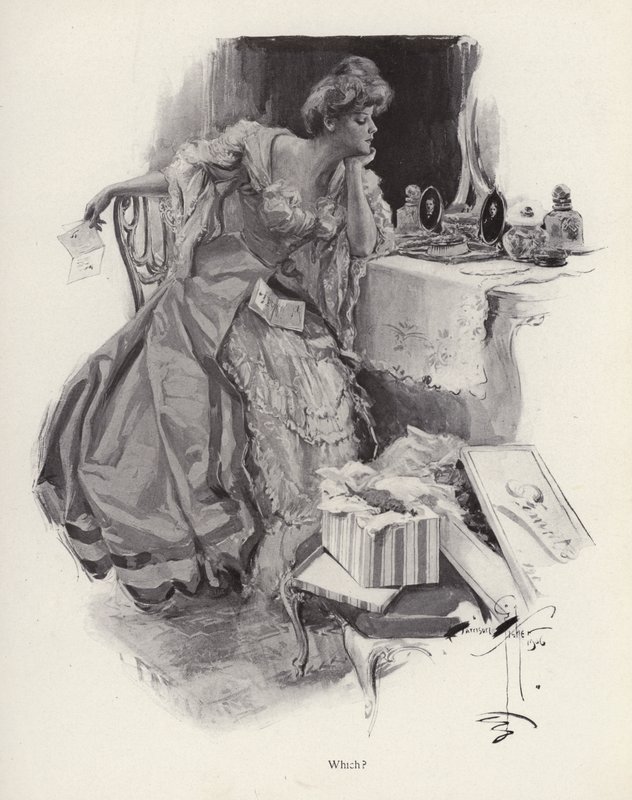 Mladá žena se rozhoduje mezi dvěma nápadníky (litho) od Harrison Fisher