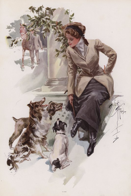 Mladá žena ve svém jezdeckém hábitu sedí se svými psy (barva litho) od Harrison Fisher