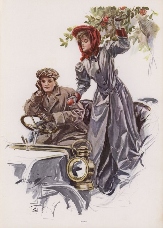 Mladá žena trhající jablka z auta (barva litho) od Harrison Fisher