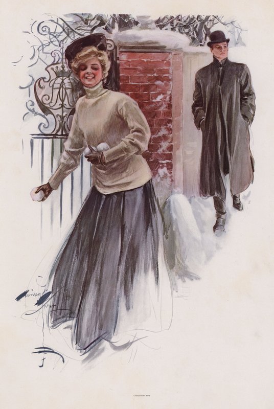 Mladá žena čeká házet sněhové koule na muže (barva litho) od Harrison Fisher