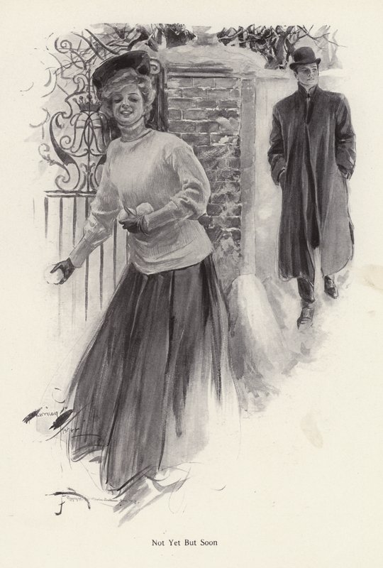 Mladá žena čekající házet sněhové koule na muže (litho) od Harrison Fisher