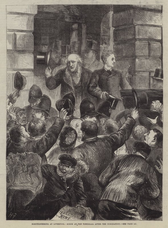 Volební kampaň v Liverpoolu, scéna na radnici po nominaci od Harry Furniss