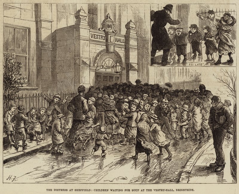 Tíseň v Sheffieldu, Děti čekající na polévku ve Vestry-Hall, Brightside od Harry Furniss