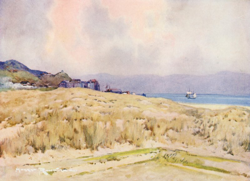 Golfová hřiště: Aberdovey, vesnice z druhého odpaliště (barevná litografie) od Harry (1878 1950) Rountree