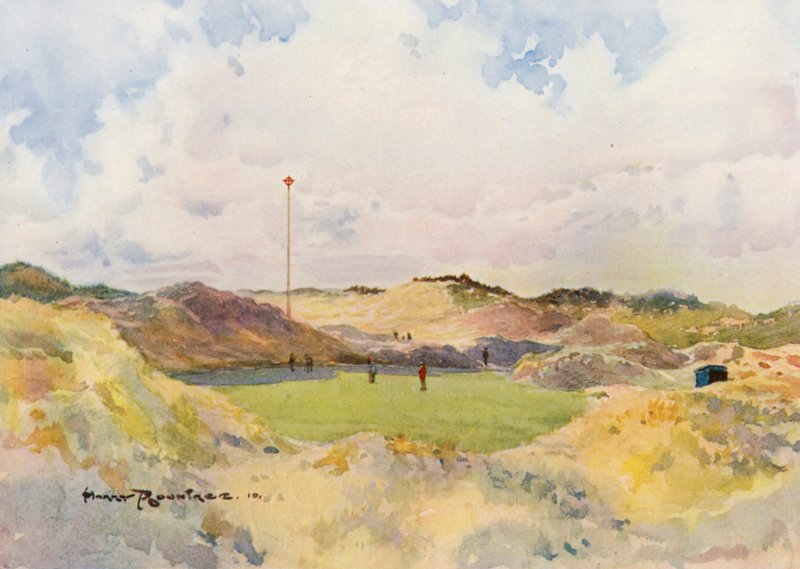 Golfová hřiště: Formby, starý sedmý green (barevná litografie) od Harry (1878 1950) Rountree