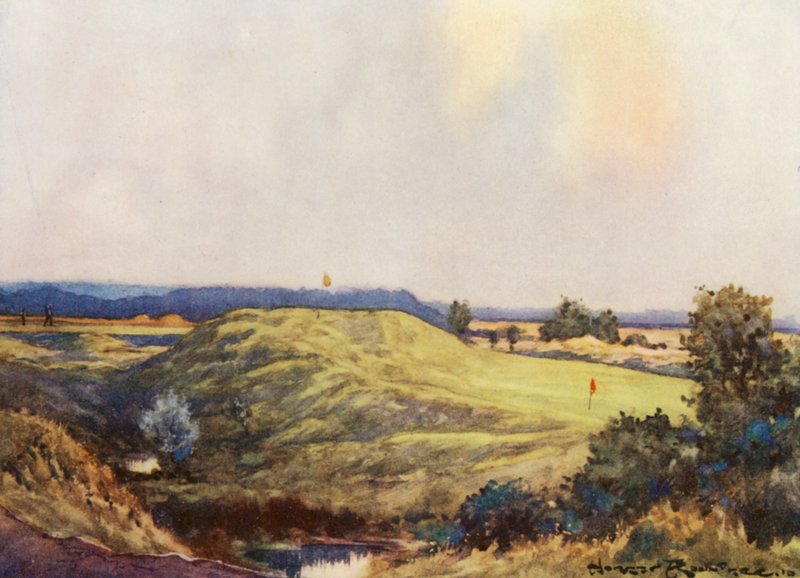 Golfová hřiště: Frilford Heath, příjezd k devátému greenu (barevná litografie) od Harry (1878 1950) Rountree