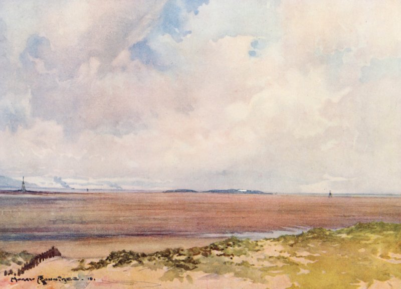 Golfová hřiště: Hoy Lake, pohled na Hilbre z devátého odpaliště (barevná litografie) od Harry (1878 1950) Rountree