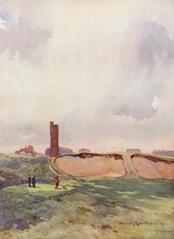 Golfová hřiště: Littlestone the carry ze sedmnáctého odpaliště (barevná litografie) od Harry (1878 1950) Rountree