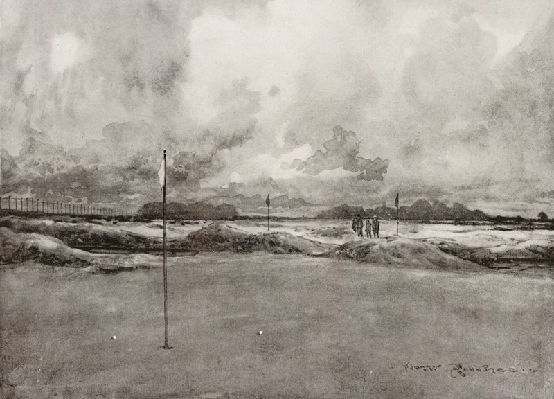 Golfová hřiště: Mitcham, sedmý green (litografie) od Harry (1878-1950) Rountree