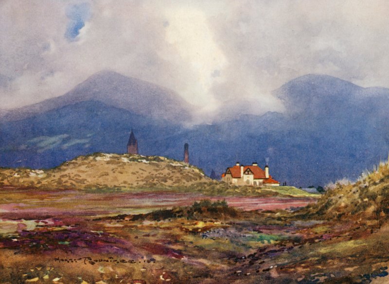 Golfová hřiště: Newcastle, devátý carry a klubovna (barevná litografie) od Harry (1878 1950) Rountree