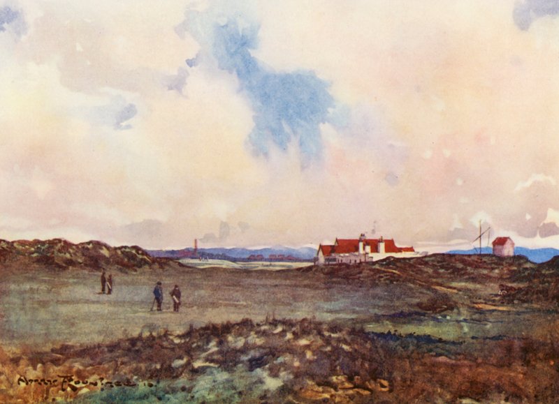Golfová hřiště: Portmarnock, druhá rána na osmnácté jamce (barevná litografie) od Harry (1878 1950) Rountree
