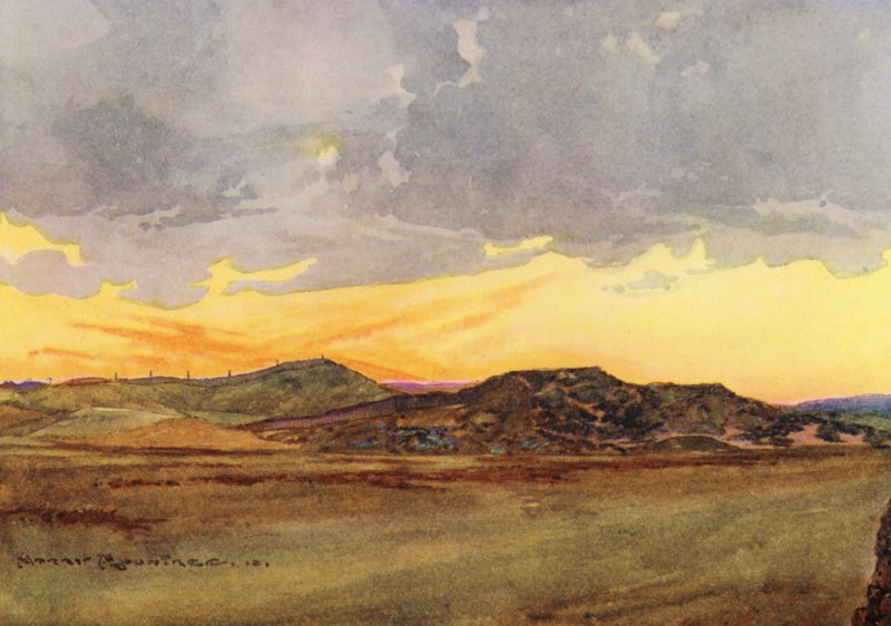 Golfová hřiště: Prestwick, pohled zpět na "Alpy" (barevná litografie) od Harry (1878 1950) Rountree