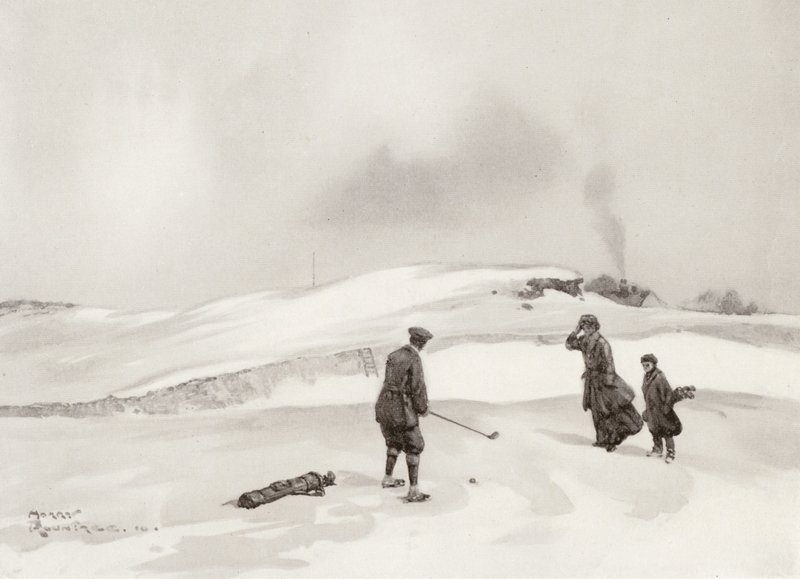 Golfová hřiště: Skegness, druhá rána na deváté jamce (litografie) od Harry (1878 1950) Rountree