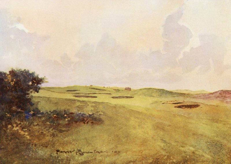 Golfová hřiště: Andrews, pohled zpět z dvanáctého greenu (barevná litografie) od Harry (1878 1950) Rountree