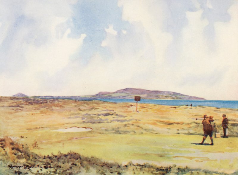 Golfová hřiště: Dollymount, první odpaliště, pohled směrem k Howthu (barevná litografie) od Harry (1878 1950) Rountree