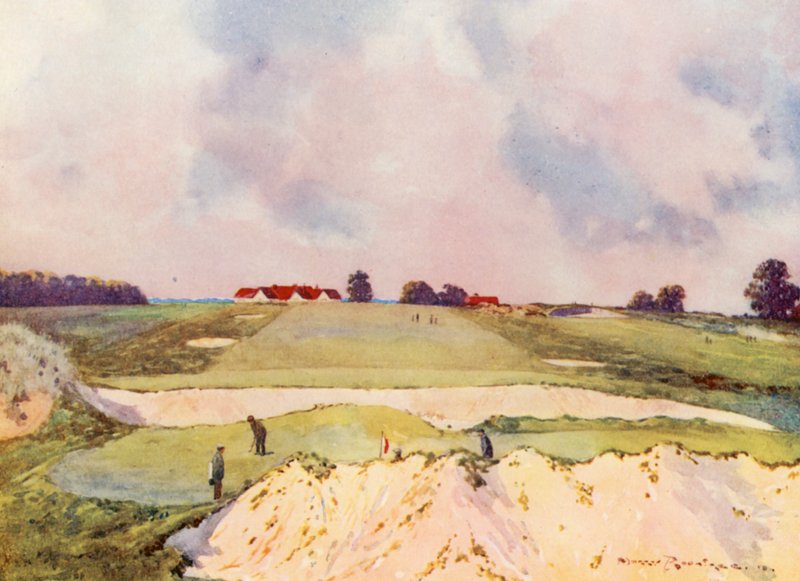Golfová hřiště: Sandy Lodge, první green, pohled směrem ke klubovně (barevná litografie) od Harry (1878-1950) Rountree