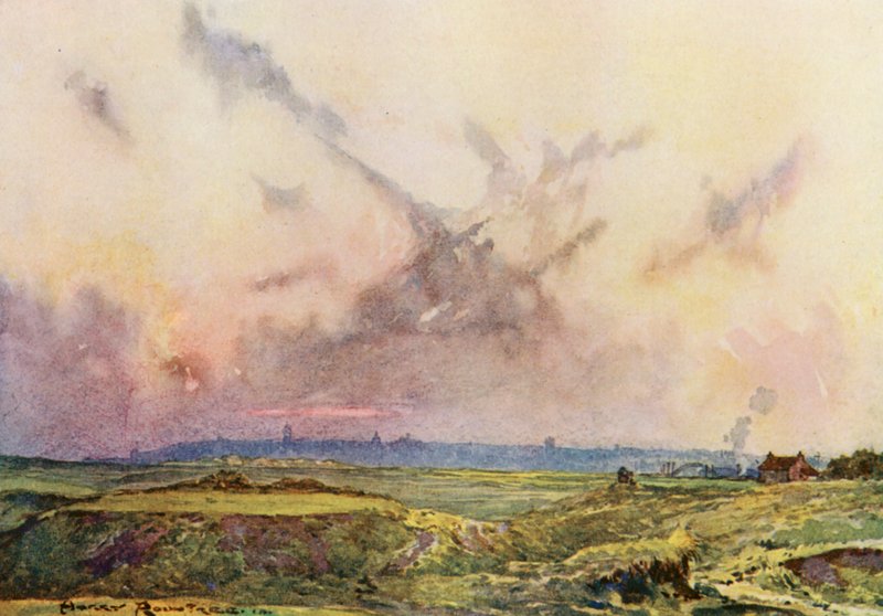 Golfová hřiště: Andrews, město v dálce (barevná litografie) od Harry (1878 1950) Rountree