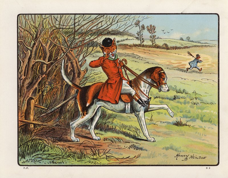 Ilustrace k filmu Liščí dovádění aneb Den s lovcem Topsy Turvy (barevná litografie) od Harry B Neilson