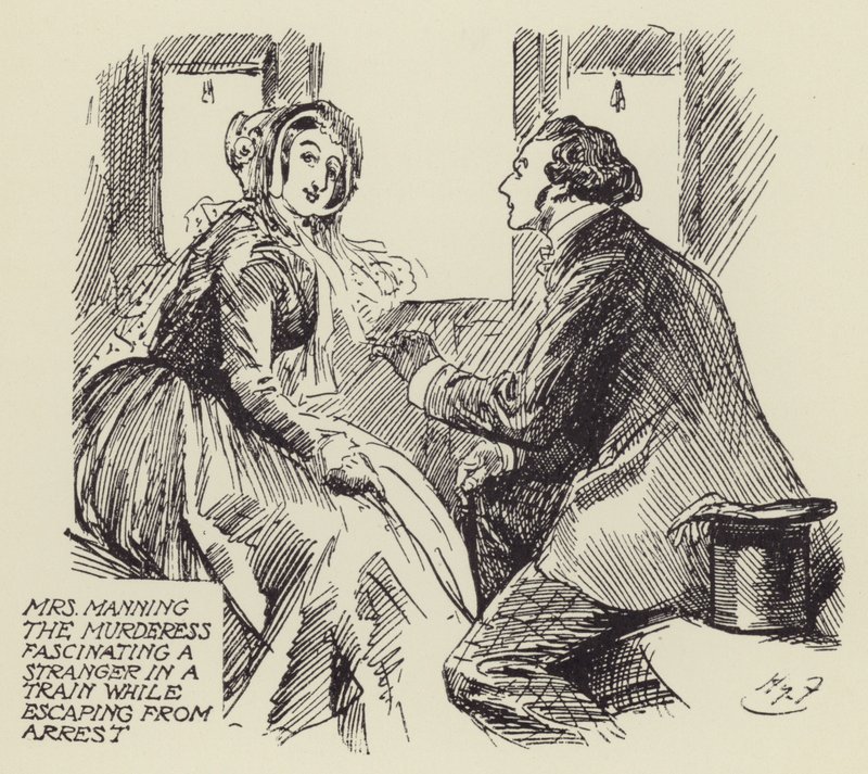 Vražedkyně paní Manningová fascinuje cizince ve vlaku při útěku ze zatčení od Harry Furniss