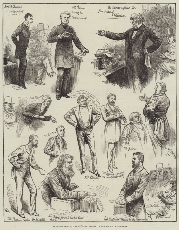 Náčrtky během Cloture Debaty v Dolní sněmovně od Harry Furniss
